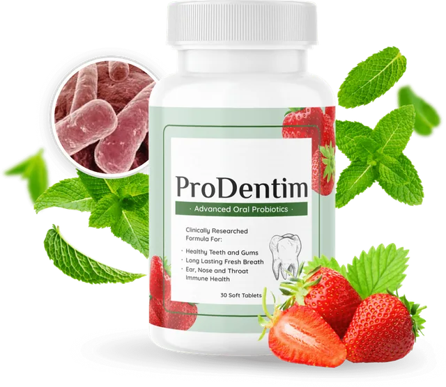 ProDentim bottle of 30 soft chewable oral probiotic tablets with strawberries and mint