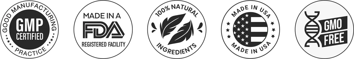 ProDentim quality seals: GMP certified, FDA-registered facility, 100% natural, Made in USA, GMO free